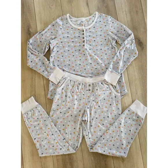 Cuddle Duds XS Gray Hearts Pajama Set Soft Ribbed Henley Joggers Pockets - Picture 10 of 16